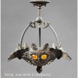 Antique American Arts and Crafts Patinated Bronze "Owl" Lantern, trilobate bowl in the form of owl