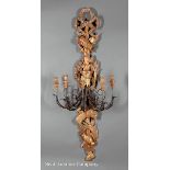 Pair of Antique American Patinated Metal, Carved and Gilt Oak Five?Light Sconces, form?form