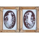 Pair of Continental Pâte?sur?Pâte Porcelain Plaques, oval tiles painted and tooled in slip with
