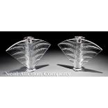 Pair of Lalique "Ravelana" Clear and Frosted Glass Candlesticks, engraved "Lalique France", fan form