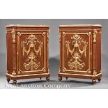 Fine Pair of Louis XVI?Style Doré Bronze?Mounted Parquetry Cabinets, bronze molded marble top,