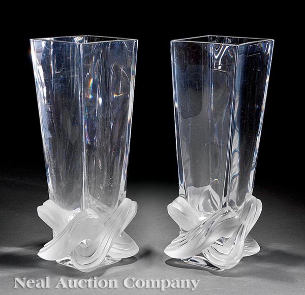 Pair of Lalique "Lucca" Frosted and Clear Glass Vases, engraved "Lalique France", tapered forms,