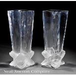 Pair of Lalique "Lucca" Frosted and Clear Glass Vases, engraved "Lalique France", tapered forms,