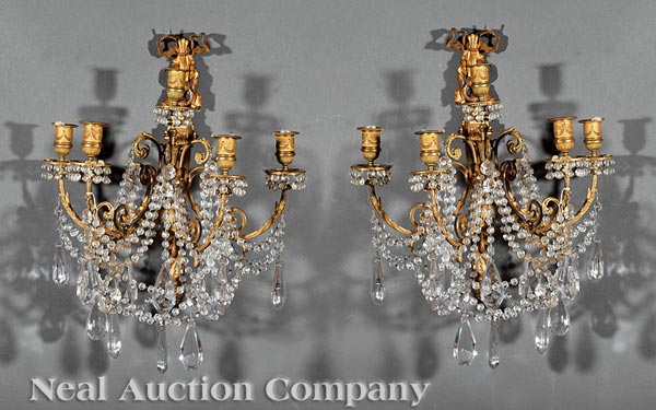 Pair of Louis XVI?Style Gilt Bronze and Crystal Sconces, 19th c., beribboned pilaster backplates,