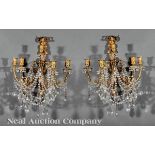 Pair of Louis XVI?Style Gilt Bronze and Crystal Sconces, 19th c., beribboned pilaster backplates,