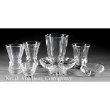 Collection of Steuben Glass Table Articles, signed, scroll footed center bowl; asymmetrical molded