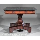 American Classical Carved Mahogany Center Table, early 19th c., square Egyptian marble top, ogee