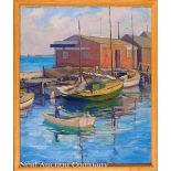 Agnes Lodwick (American/Missouri, 1879?1963), "New England Harbor", oil on canvas, signed lower