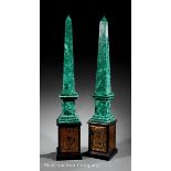 Pair of Continental Malachite Models of Obelisks, tapered forms on tall plinth bases set on