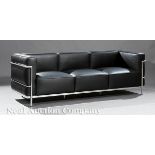 Chrome and Leather "Corbusier" LC3?Style Sofa, black leather, chrome?plated steel, h. 27 in., w.