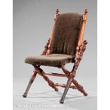 American Victorian Walnut Folding Campaign Chair, c. 1860?70, turned and blocked frame with brass