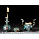 Chinese Cloisonné Enamel and Gilt Bronze Incense Garniture, probably late 19th/20th c., incl.