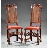 Pair of Late Jacobean Carved Side Chairs, late 17th c., arched crest, caned back, blocked and turned