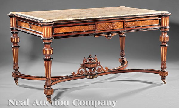 American Renaissance Carved, Parcel?Ebonized and Gilt?Incised Walnut Center Table, c. 1870,