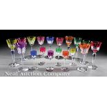 Collection of Baccarat Colored Crystal Stemware, stamped, faceted cups with polychrome rims,