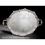 English Silverplate Serving Tray, Ellis Barker, menorah mark introduced 1912, bellflower border,