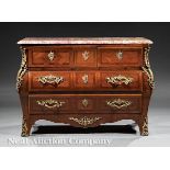 Régence?Style Bronze?Mounted Carved and Inlaid Kingwood Bombé Commode, marble top, three short