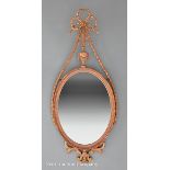 George III Carved Giltwood Mirror, late 18th c., bowknot and urn crest with bellflower swags, molded