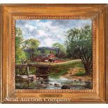 Attributed to Frank Henry Shapleigh (American, 1842?1906), "Red Barn by the Bridge", oil on