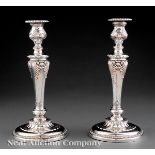 Good Pair of Sheffield Fused Plate Candlesticks, early 19th c., elaborate anthemion and palmette