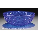 Lalique "Nemours" Midnight Blue Glass Bowl, engraved "Lalique France", molded with floral motifs, h.