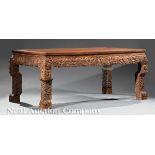 Chinese Carved Hardwood Waisted Corner?Leg Table, probably Huanghuali, framed four panel top, narrow