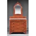 American Classical Mahogany Dressing Chest, mid?19th c., arched mirror, ogee glove drawers, marble