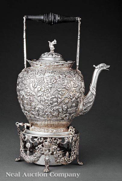 Dutch .833 Silver Kettle?on?Stand, 19th c., export marks, elaborate allover chasing with armorial - Image 2 of 2