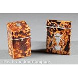 English Tortoiseshell Card Case and Match Box, 19th c., case with mother?of?pearl inlay of flower