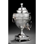 Sheffield Hot Water Urn, c. 1800, marked "SILVER EDG'D", dome top with ball finial, ring and lion'