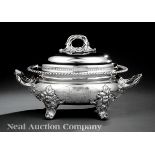 Sheffield Plate Soup Tureen, c. 1820, acanthus handles, gadrooned rim, scroll feet, h. 10 in., w. 15