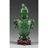 Chinese Spinach Green Jade Covered Vase, globular shield?form body with zoomorphic mask?ring