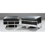 Two Chrome and Leather "Corbusier" LC3?Style Ottomans, black leather, chrome?plated steel, h. 17 1/2