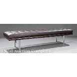 Chrome and Leather "Barcelona" Bench, brown leather, wood and chrome?plated steel, after the