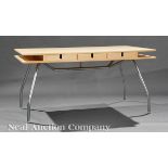 George Nelson?Style Wood and Chrome Desk, rectangular top, three drawers, each with sliding aluminum