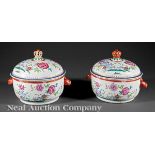Pair of Chinese Export Famille Rose Porcelain Covered Tureens, 18th/19th c., bulbous U?form bodies