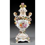 German Porcelain Covered Urn, probably late 19th c., Carl Thieme, Potschappel mark, reticulated lid,