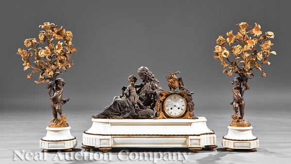 Monumental Napoleon III Bronze and White Marble Clock Garniture, c. 1860, clock surmounted by bronze