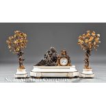 Monumental Napoleon III Bronze and White Marble Clock Garniture, c. 1860, clock surmounted by bronze