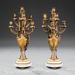 Pair of Napoleon III Bronze and Marble Six?Light Candelabra, mid?19th c., bouquet finials, acanthine