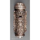 Silver Mezuzah, unmarked, likely 19th c., repoussé Rococo motif with scrolls and a flower basket, h.