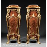 Pair of Antique Louis XV?Style Doré Bronze?Mounted Inlaid Kingwood Pedestals, raised marble top,