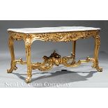 Louis XV?Style Carved and Gilded Salon Table, variegated shaped marble top, foliate carved frieze,