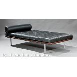 Black Leather "Barcelona" Couch, polished steel and wood, cylindrical pillow, after the design by