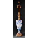 French Art Nouveau Gilt Bronze and Porcelain Table Lamp, c. 1890, painted in muted enamels with