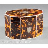 English Tortoiseshell Tea Caddy, 19th c., silverplate finial, plaque and escutcheon, decagonal body,