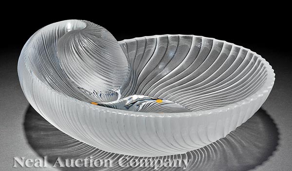 Lalique "Nautilus" Clear and Frosted Glass Bowl, engraved "Lalique France", molded spiral shell?form