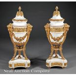 Fine Pair of Napoleon III Gilt Bronze?Mounted Marble Cassolettes, mid?19th c., each festooned urn
