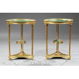 Pair of Neoclassical?Style Bronze Doré and Malachite Tables, galleried malachite top, bamboo