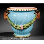 Minton?Style Majolica Jardinière, 19th c., gadrooned body with applied garland swags and ram's